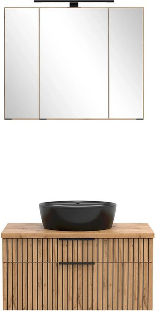 Held Möbel Waschtisch-Set aus Eiche Schwarz mit schwarzem Keramikbecken und Spiegelschrank, B/T/H: 200 x 80 x 47 cm - Bild 1