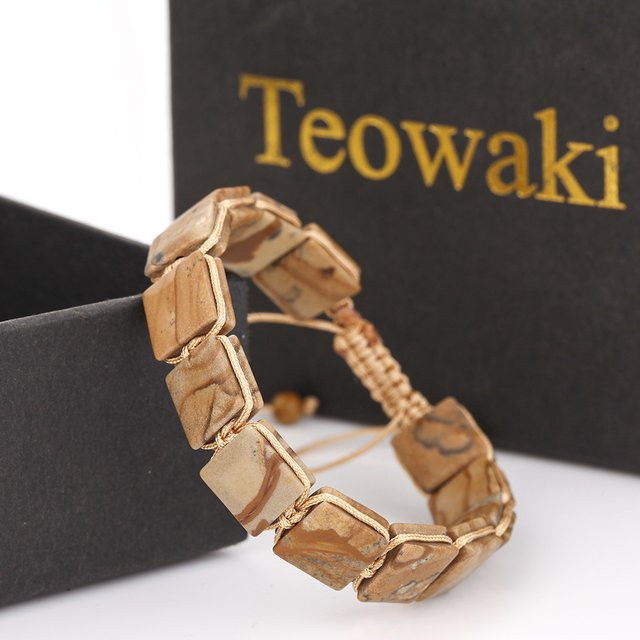 Teowaki Armreif, gelber Holz-Jaspis, Unisex, 15 + 6 cm - Bild 1
