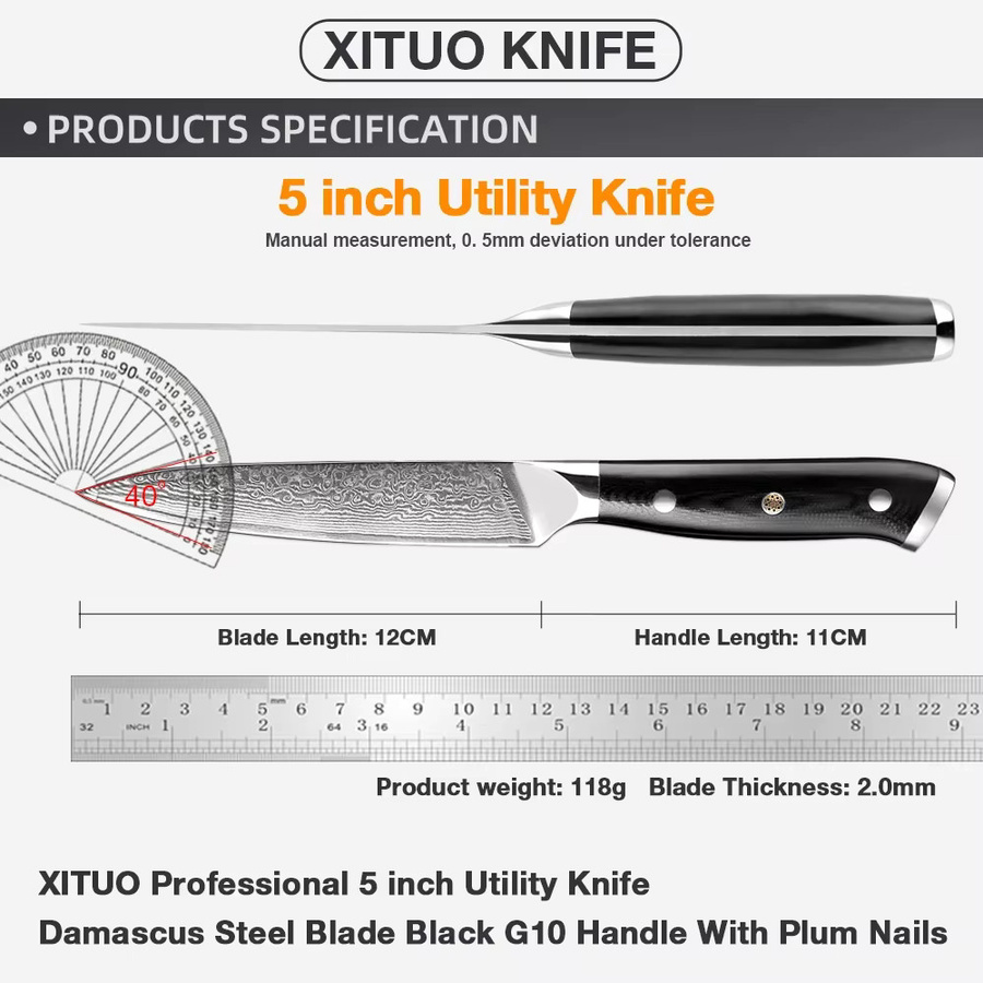 Xituo Damast Allzweckmesser mit 67 Lagen Stahl und schwarzem G10-Griff, 5 Zoll Multifunktionales Schälmesser für die Küche - Bild 2