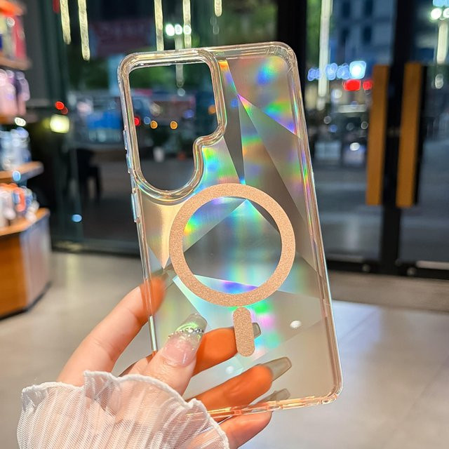 Magnetische Regenbogen Aurora Laser Gradient Schutzhülle für Samsung Galaxy S25 S24 S26 Ultra Plus mit kabellosem Laden, Multicolor/Transparent - Bild 1