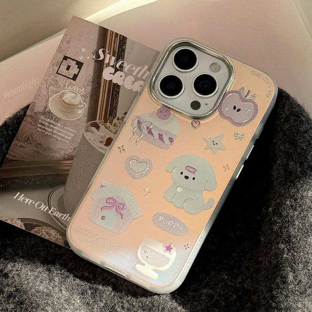 MUQGEW Stoßfeste iPhone Schutzhülle mit Cartoon Dessert Welpen Design und Gold-Laser-Überzug, Multicolor - Bild 1