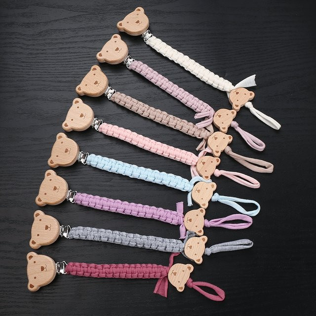 Baby Schnuller Kette aus Buche Holz und Baumwolle mit Tier-Motiv als Beißspielzeug und Halter für den Schnuller - Bild 1