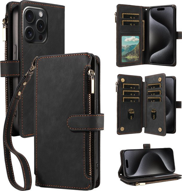 Samsung Handyhülle aus PU-Leder mit Reißverschluss und Kartenfächern als Wallet Cover in Schwarz für Galaxy A13 A14 A15 A21 A22 A23 A24 A25 A32 A34 A50 A54 Flip - Bild 1