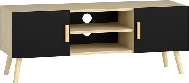 HOMCOM TV-Möbel aus Holz als TV-Bank mit Ablagen und 2 Schränken für dein Wohnzimmer oder Schlafzimmer, Eiche und Schwarz, B/T/H: 110 x 36,2 x 42 cm - Bild 1