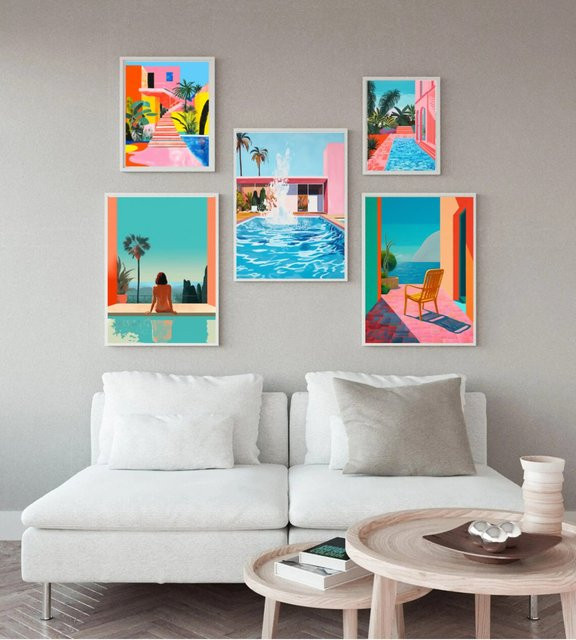 Potdemiel Pop-Art Leinwandgemälde Meereslandschaft im Vintage-Stil, Farbenfrohes Pool-Poster in Pink und Multicolour zur Wanddekoration - Bild 1