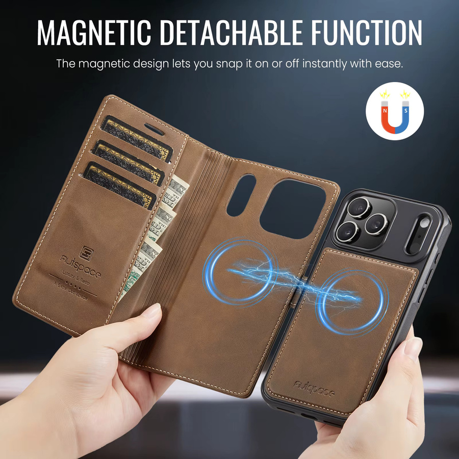 HKNR 2-in-1 Leder-Handyhülle mit abnehmbarer Geldbörse und Buchständer, magnetische MagSafe Kartenhülle für iPhone 17 Air 16 15 14 Plus 13 12 Pro Max, Schwarz oder Braun - Bild 2