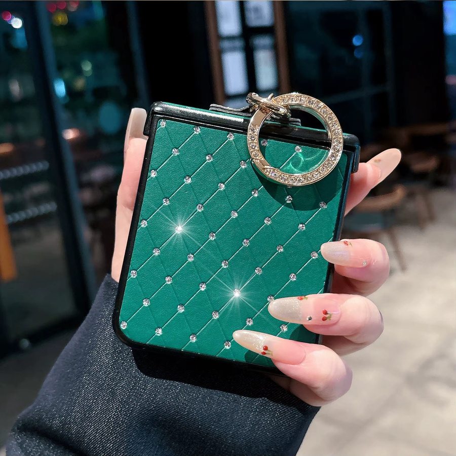 Motorola Moto Razr 50 60 70 Ultra Kunstleder-Hülle mit Rhombus-Gittermuster und Faux-Diamant-Ringverschluss in Schwarz oder Grün - Bild 2
