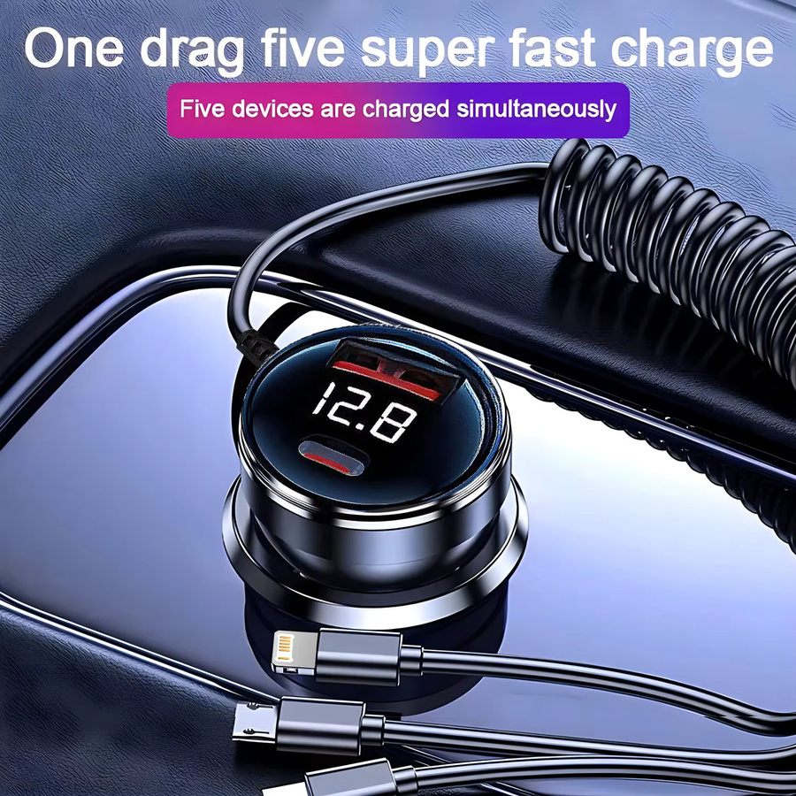4-in-1 USB-Autotelefon-Ladegerät-Adapter mit einziehbarem Kabel, LED-Spannungsmonitor und USB-C sowie USB-A Anschlüssen in Schwarz für iPhone, Samsung und Huawei - Bild 5