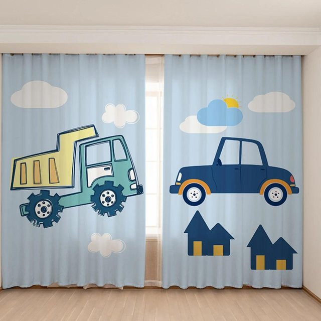 Yiran Furniture Verdunkelungsvorhang für Kinderzimmer mit Spielzeugauto Bagger Motiv, 2 Paneele, Blau Gelb, B: 55 cm, H: 120 cm - Bild 1