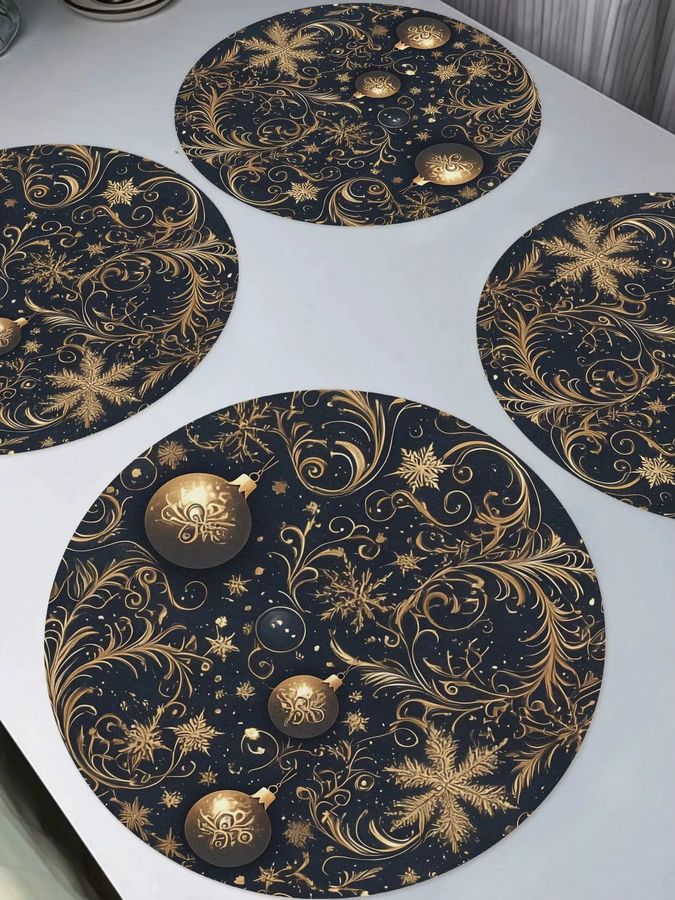 VIKAMA 4-teiliges Set ovale Weihnachts-Tischsets in Dunkelblau mit Goldmuster - Bild 4