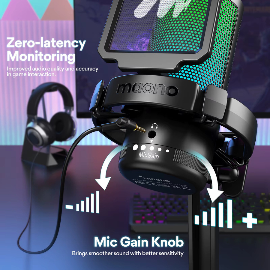 Maono DGM20 USB-Gaming-Mikrofon in Schwarz mit RGB-Beleuchtung für PC, Streaming und Podcasts mit Geräuschunterdrückung und Tap-to-Mute-Funktion - Bild 4
