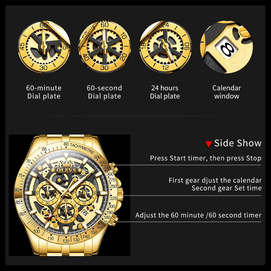 OLEVS Chronograph Armbanduhr, Edelstahl, Gold, Quarz, Herren - Bild 4