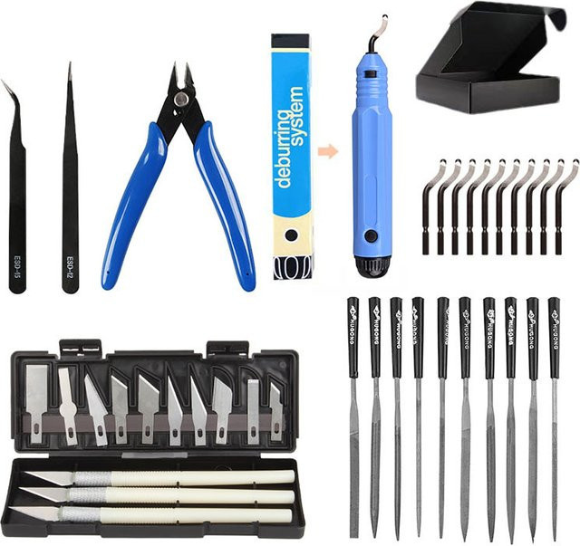 VOLFAN 38-teiliges Werkzeugset für 3D-Druckprojekte in Blau mit Entgratmesser, Gravurmesser, Dateischneider und Schaber aus Metall - Bild 1