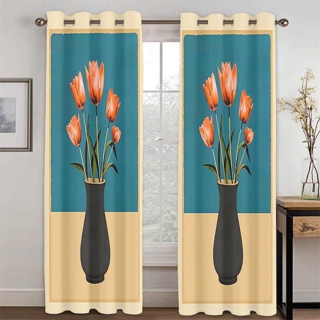Vorhänge im nordischen Minimalstil mit Pflanzvasen-Druck, 2er-Set halbtransparent, Mehrfarbig, B/H: 50 x 130 cm - Bild 1