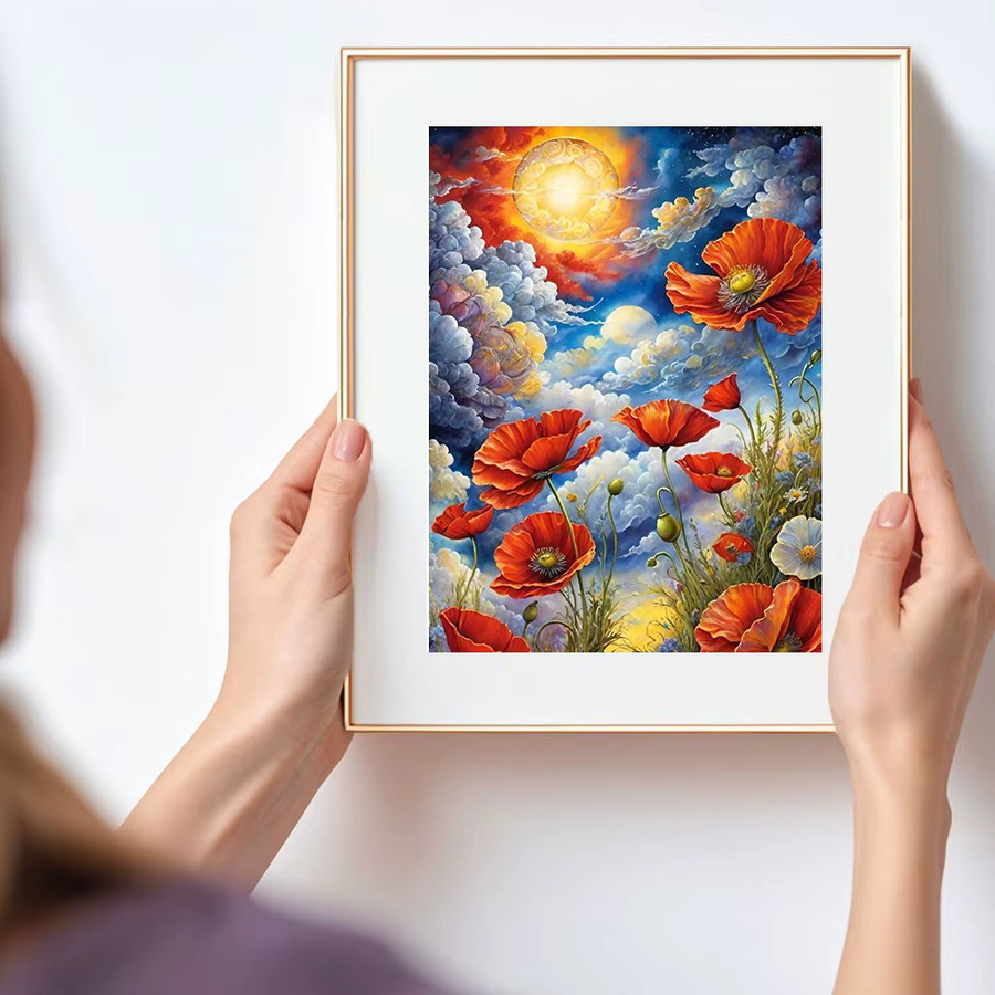 Huacan Diamantmalerei Mohnblume Landschafts-Set mit Rundsteinen in Mehrfarbig, B/H: 20 x 30 cm - Bild 3