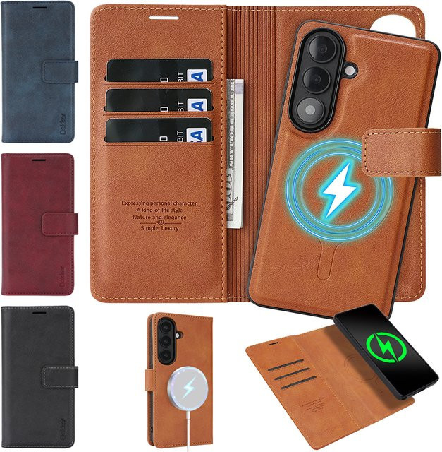 2-in-1 Flip-Lederhülle für Samsung Galaxy S26 Ultra S25 Plus S24 S23 mit Kartenfach und kabellosem Laden in Rot und Braun - Bild 1