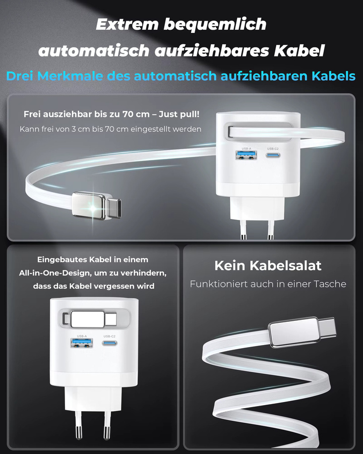 TOPADRE 65W GaN Schnellladegerät in Weiß mit einziehbarem Kabel und faltbarem Stecker für iPhone, Samsung, iPad und Android-Smartphones - Bild 4