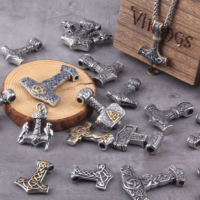 Vikings Jewelry Valknut Viking Thors Hammer-Anhänger-Halskette, Edelstahl, Silber, Herren - Bild 1