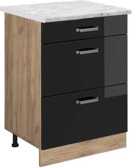 Vicco Küchenunterschrank R-Line Schubladenschrank Schwarz Hochglanz mit Marmor-Optik Breite: 60 cm - Bild 1