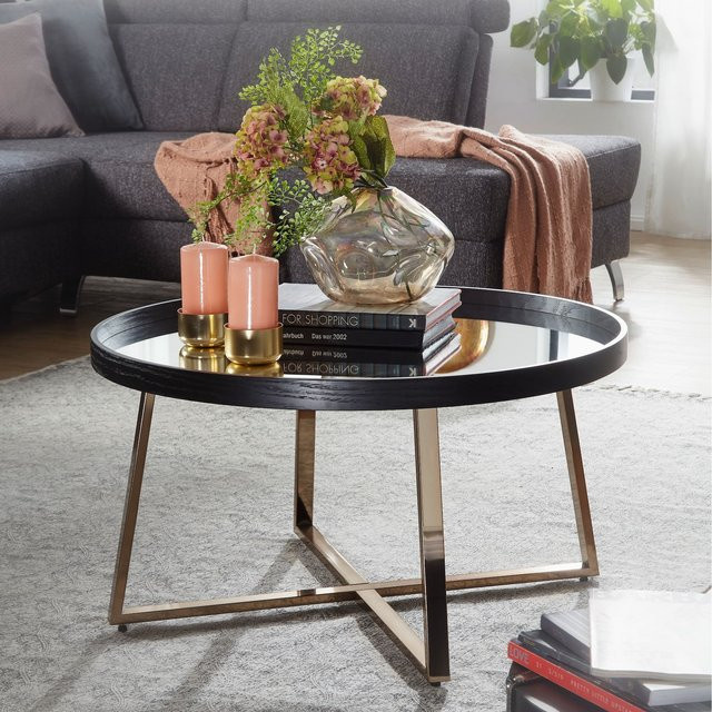 FineBuy Couchtisch Rund in Gold und Schwarz mit Glasplatte und Spiegeldekor, moderner Wohnzimmertisch aus Metall und Glas, B/T/H: 78 x 78 x 42,5 cm - Bild 1
