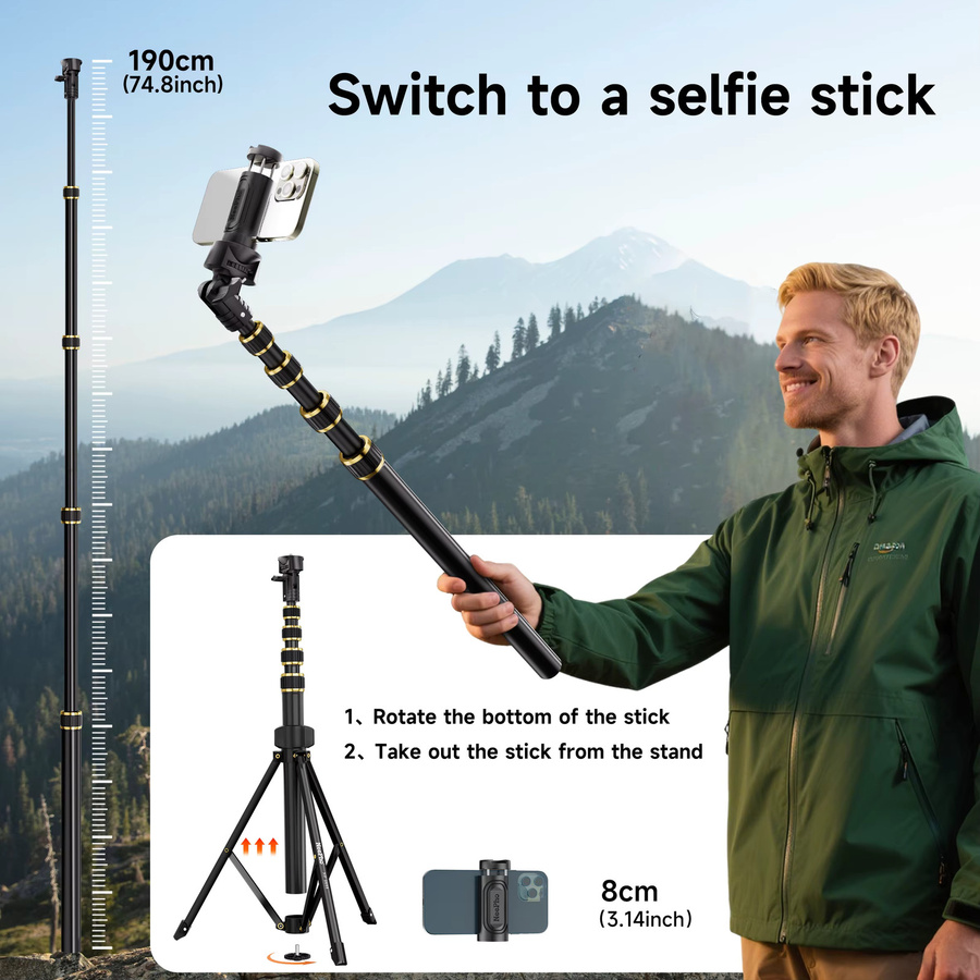 NeePho Multi-Winkel Gimbal NP-688 Ultraleichtes Aluminium-Stativ Selfie-Stick für Kamera und Smartphone in Schwarz, Höhe: 210 cm - Bild 3