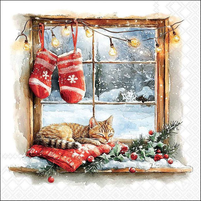 Serviette Winterfenster mit Katze in Multicolor aus Papier - Bild 1