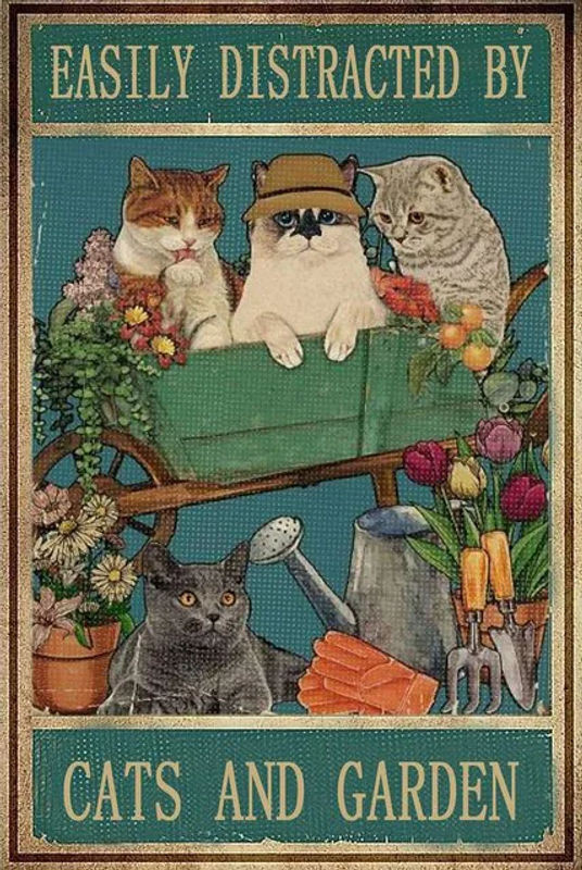 NENAWOS Distracted by Cats and Garden Retro-Metallblechschild, Vintage Aluminium-Wandschild für die Dekoration, mehrfarbig, rechteckig - Bild 1