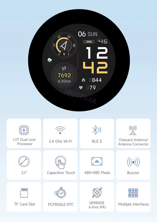 Waveshare 2,8 Zoll Runddisplay ESP32 S3 Entwicklungsboard mit 480x480 Auflösung, WiFi, Bluetooth, 8MB PSRAM, 16MB Flash und 6-Achsen-IMU in Schwarz - Bild 2