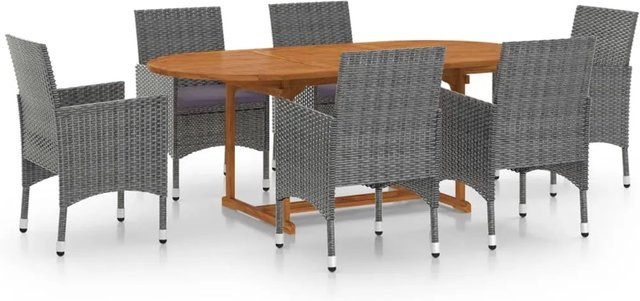 vidaXL 7-tlg Garten-Essgruppe aus Poly Rattan und Akazien-Massivholz in Grau - Bild 1
