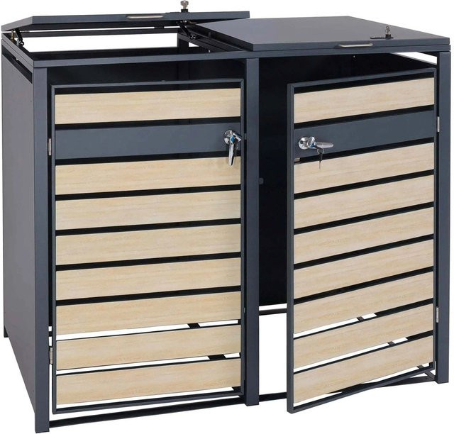 PROREGAL Mülltonnenbox 2er XL aus verzinktem Stahl in Anthrazit mit Buche-Holzoptik Hellbraun, B/T/H: 117 x 142 x 98 cm - Bild 1