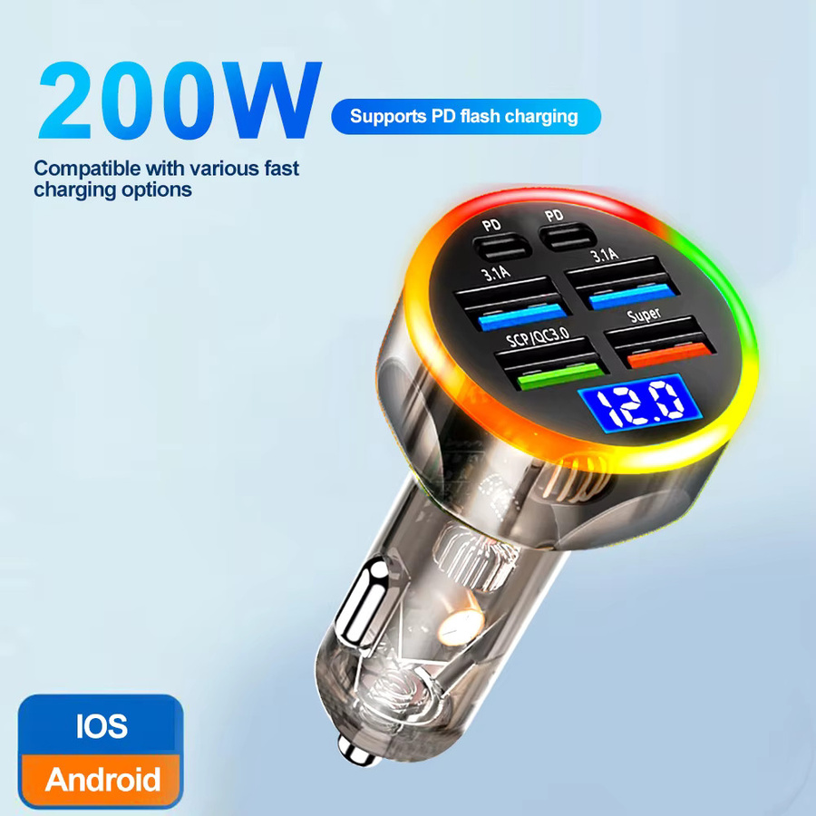 Kebidumei 200W Auto Ladegerät mit Spannungsanzeige und 6 Anschlüssen inklusive USB-C PD Schnellladung für iPhone, Samsung und Xiaomi - Bild 3