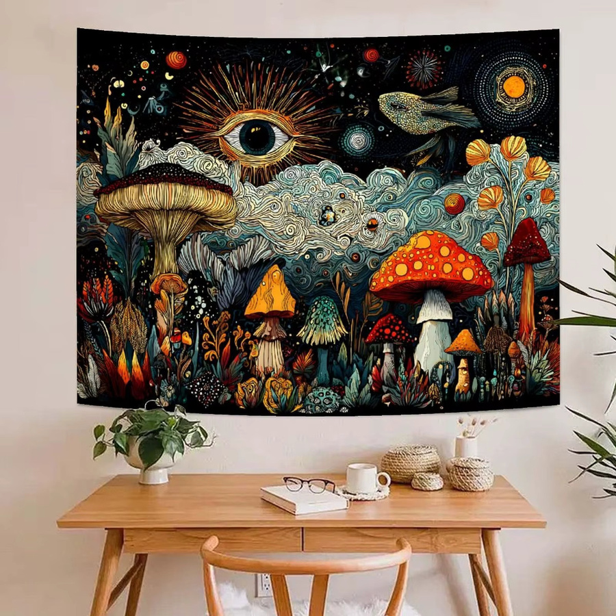 VIKAMA Wandteppich mit Pilzen und Blumen im Boho-Stil, Mehrfarbig, Rechteckig, Breite: 60 cm, Höhe: 60 cm - Bild 2