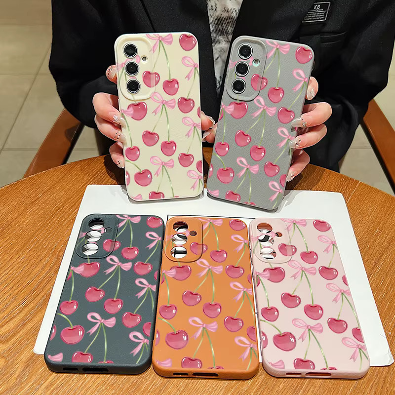 MOESOE Handyhülle mit Schleifen- und Kirschmuster für Samsung Galaxy S26 S25 S24 S23 Ultra S22 Plus FE Edge, Leder-Textur, weiche TPU-Schutzhülle, Pink/Multicolor - Bild 4