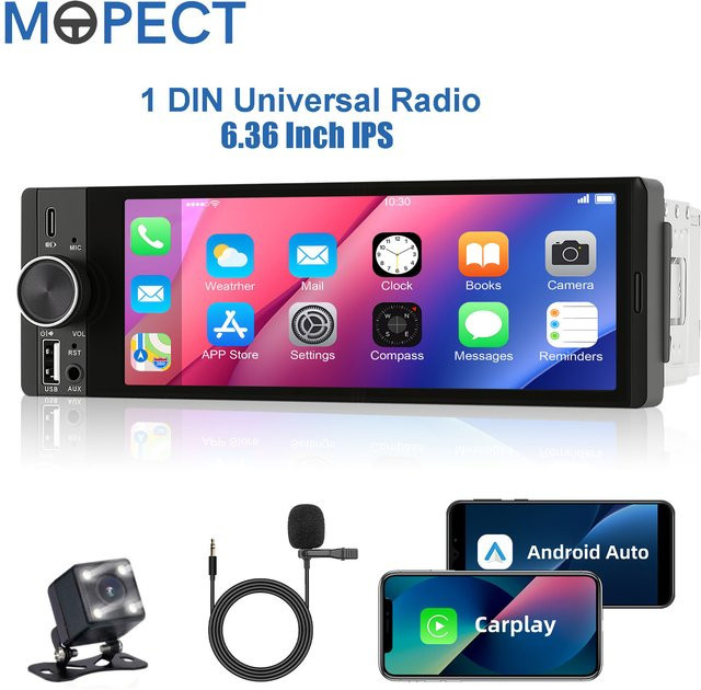 MOPECT 1DIN Autoradio mit 6,36 Zoll IPS Touchscreen, kabelloses CarPlay und Android Auto, Multimedia-Player mit Bluetooth, USB und Type-C in Schwarz - Bild 1
