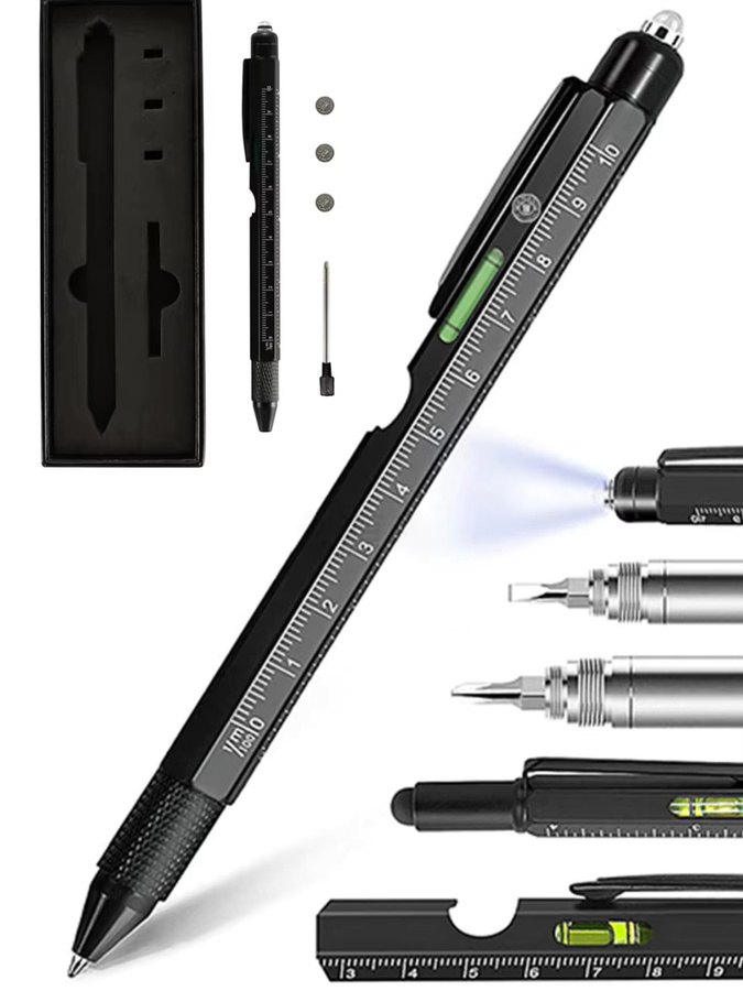 K-SKIN 9-in-1 Multifunktions-Stift-Set aus Metall in Schwarz mit Lineal, Wasserwaage und Kugelschreiber - Bild 7
