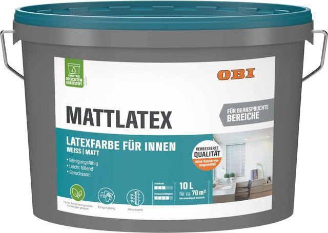 OBI Mattlatex Wandfarbe Weiß-Matt, konservierungsmittelfrei, 10 l - Bild 1