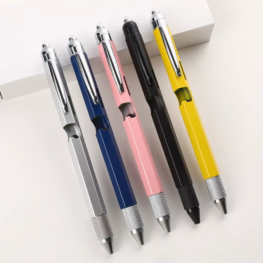 9-in-1 Metall Multi Tool Stift in Gelb mit LED Licht, Wasserwaage, Schraubendreher, Lineal und Kugelschreiber für Outdoor und Holzbearbeitung - Bild 4