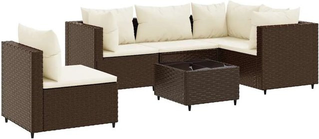 vidaXL 6-tlg Garten-Lounge-Set in L-Form mit Kissen, Braun und Weiß, Poly-Rattan mit Metallgestell und Glastisch - Bild 1