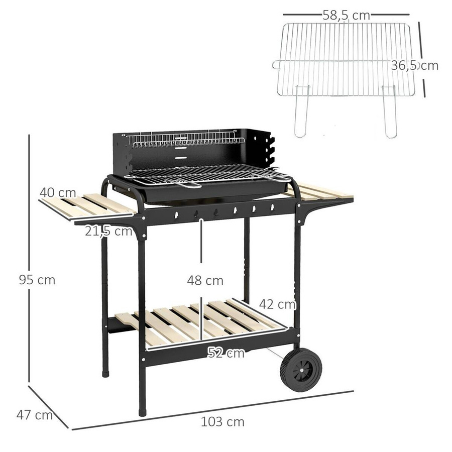 Outsunny Holzkohlegrill BBQ Smoker aus Metall mit Rädern, höhenverstellbarem Grillrost und Holzablage, B/T/H: 103 x 47 x 95 cm - Bild 6