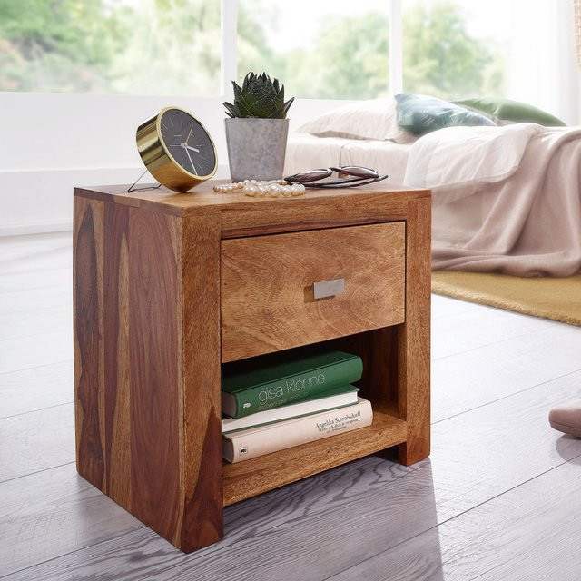 Finebuy Nachttisch aus Sheesham Massivholz in Braun im Landhausstil mit Schublade - Bild 1