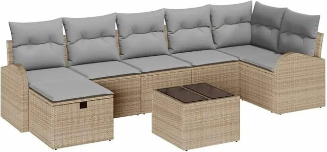 vidaXL Garten-Sofa-Set aus Poly-Rattan in Beige, 8-teiliges L-Shape Lounge-Set mit Kissen, Ottoman und Couchtisch inklusive integriertem Stauraum - Bild 1