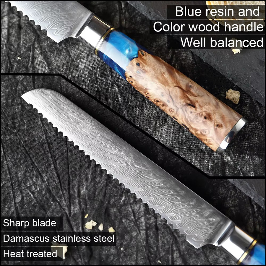 Xituo Brotmesser aus Damaststahl mit blauem Harzgriff, Länge: 20,3 cm - Bild 2