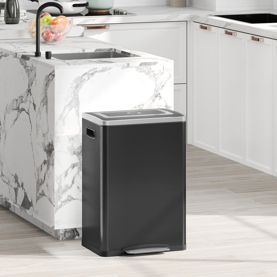 HOMCOM Doppelabteil Mülleimer aus Edelstahl mit Pedal, 2 x 20L, Schwarz, Soft-Close-Deckel und herausnehmbare Inneneimer - Bild 2