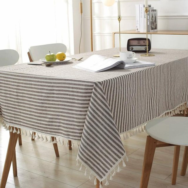 Rechteckige Tischdecke aus Baumwolle und Leinen mit Streifen und Quasten in Kaffeebraun, B/T: 140 x 180 cm - Bild 1