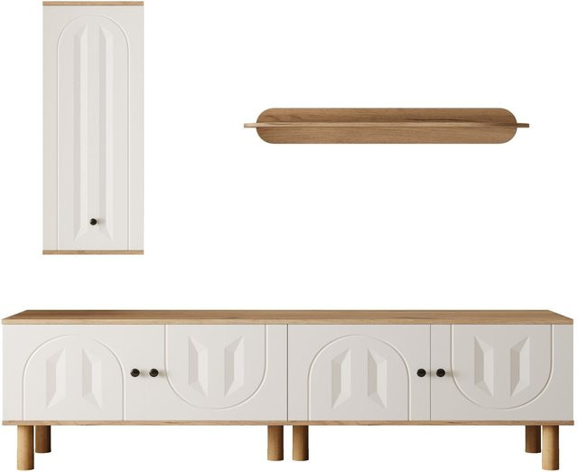 3-teilige moderne Wohnwand aus Holz bestehend aus Lowboard, Wandboard und Highboard in Multicolour Matt - Bild 1