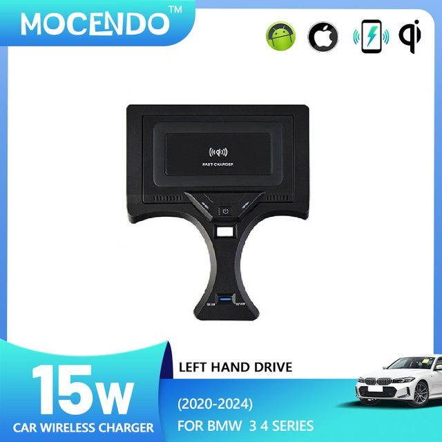 MOCENDO 15W Qi Drahtloses Auto-Ladegerät für BMW 3er und 4er Serie G20 G21 G22 G28 (2020-2024), Schnelle Ladeplatte und Telefonhalter in Schwarz - Bild 1