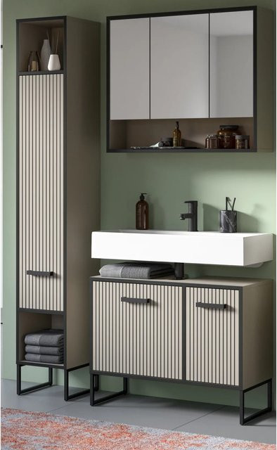 Inn.Furn Badmöbel Set Scana in Sand mit Waschbecken, Spiegelschrank und Unterschrank, B/T/H: 125 x 48 x 192 cm - Bild 1