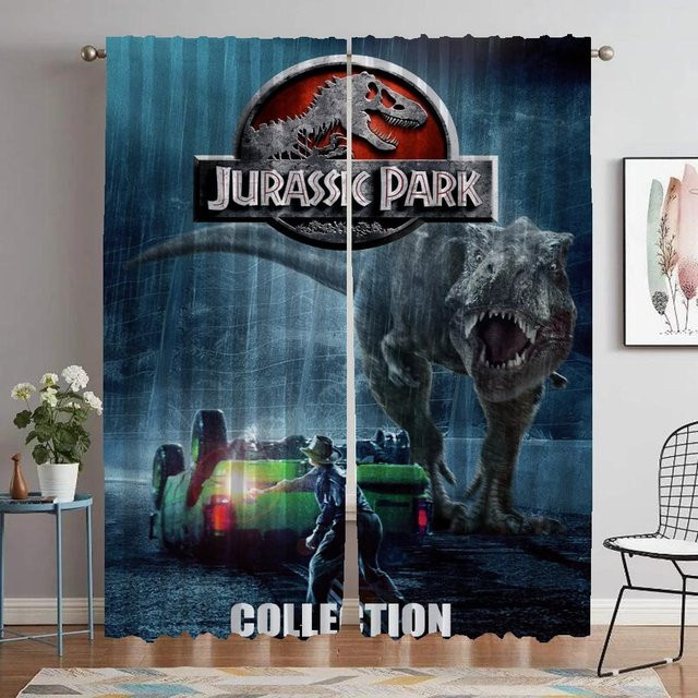 Jurassic Park Tüll-Vorhänge für Wohnzimmer und Schlafzimmer, 2er-Set, Blau, B: 74 cm, H: 114 cm - Bild 1