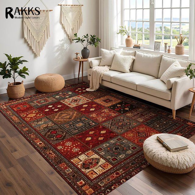 RAKKS Retro-Teppich im roten Ethno-Stil als rutschfester Patchwork-Teppich für Wohnzimmer und Schlafzimmer in Multicolor - Bild 1
