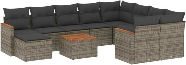 vidaXL 11-tlg. Garten-Sofagarnitur in L-Form aus Poly-Rattan und Akazienholz mit Kissen in Grau - Bild 1